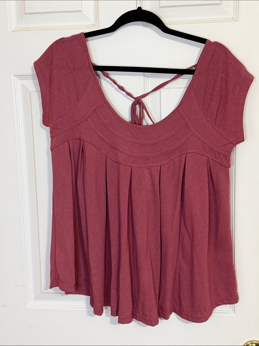 fab'rik Dusty Rose Short Sleeve Scoop Neck Blouse with Back Tie